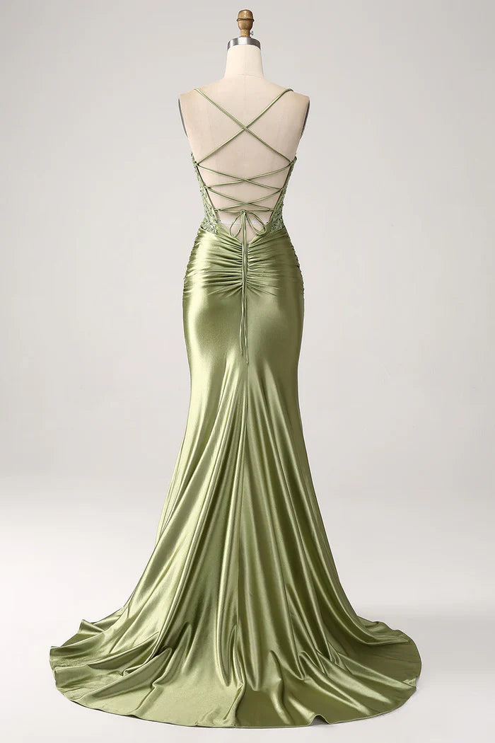 Weitese Dress Mermaid Sage Spaghetti Straps Lace-up Back Party Dress Maxi Dress With Slit Prom Dress